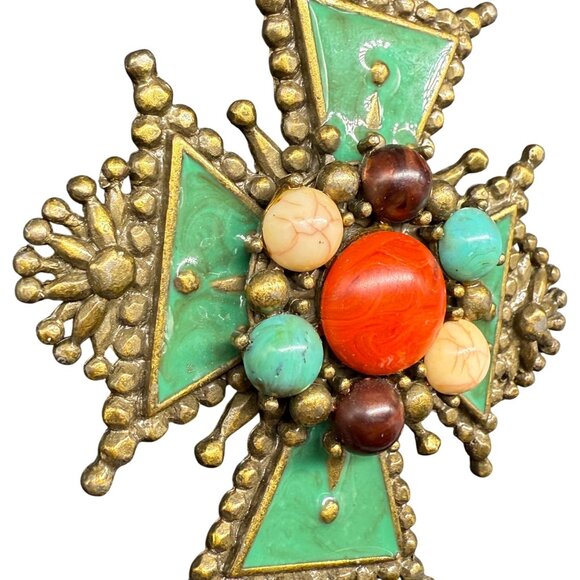 VTG Green Enamel Multicolor Beaded Cross Pendant Chain Long Necklace - Picture 5 of 8